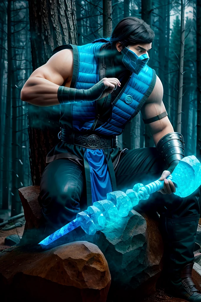 Sub-ZeroKuaiLiang ,zbzr, masterpiece, best cinematic quality, photorealistic highly detailed 8k raw photo, volumetric lighting, volumetric shadows, man, sitting on a big mountain, gloves, blue armor, A dilapidated, haunted house with creaking floors and whispers in the wind, helmet, mask, holding a sword, extreme close-up