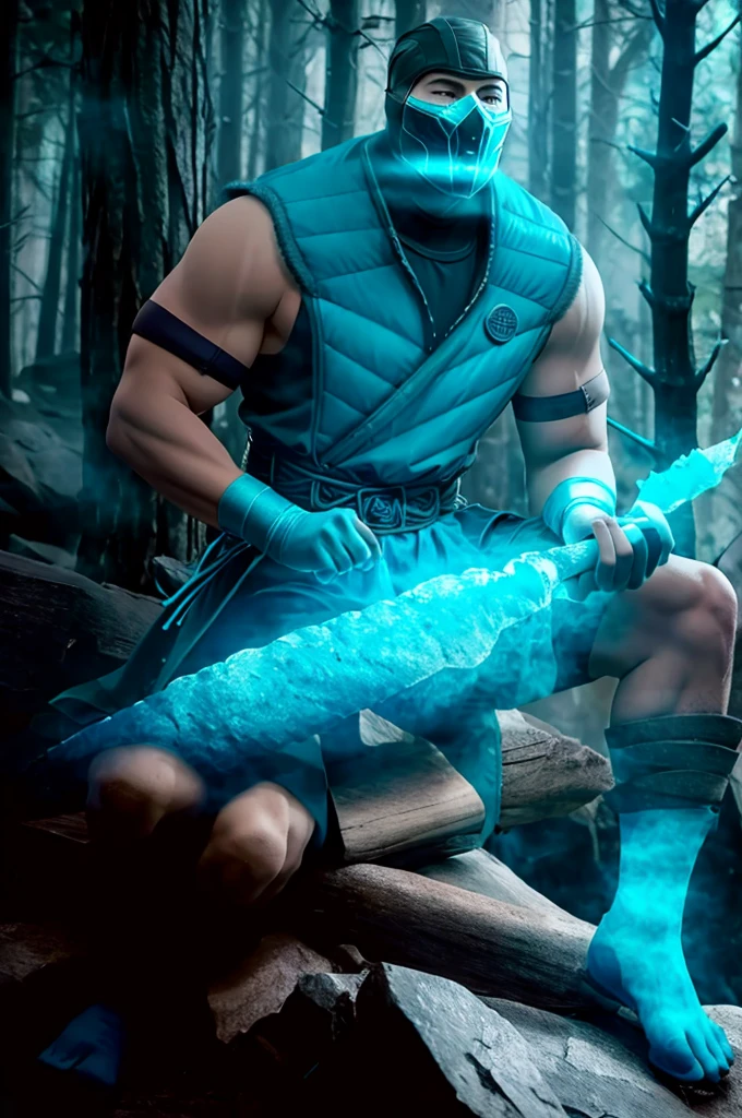 Sub-ZeroKuaiLiang ,zbzr, masterpiece, best cinematic quality, photorealistic highly detailed 8k raw photo, volumetric lighting, volumetric shadows, man, sitting on a big mountain, gloves, blue armor, A dilapidated, haunted house with creaking floors and whispers in the wind, helmet, mask, holding a sword, extreme close-up