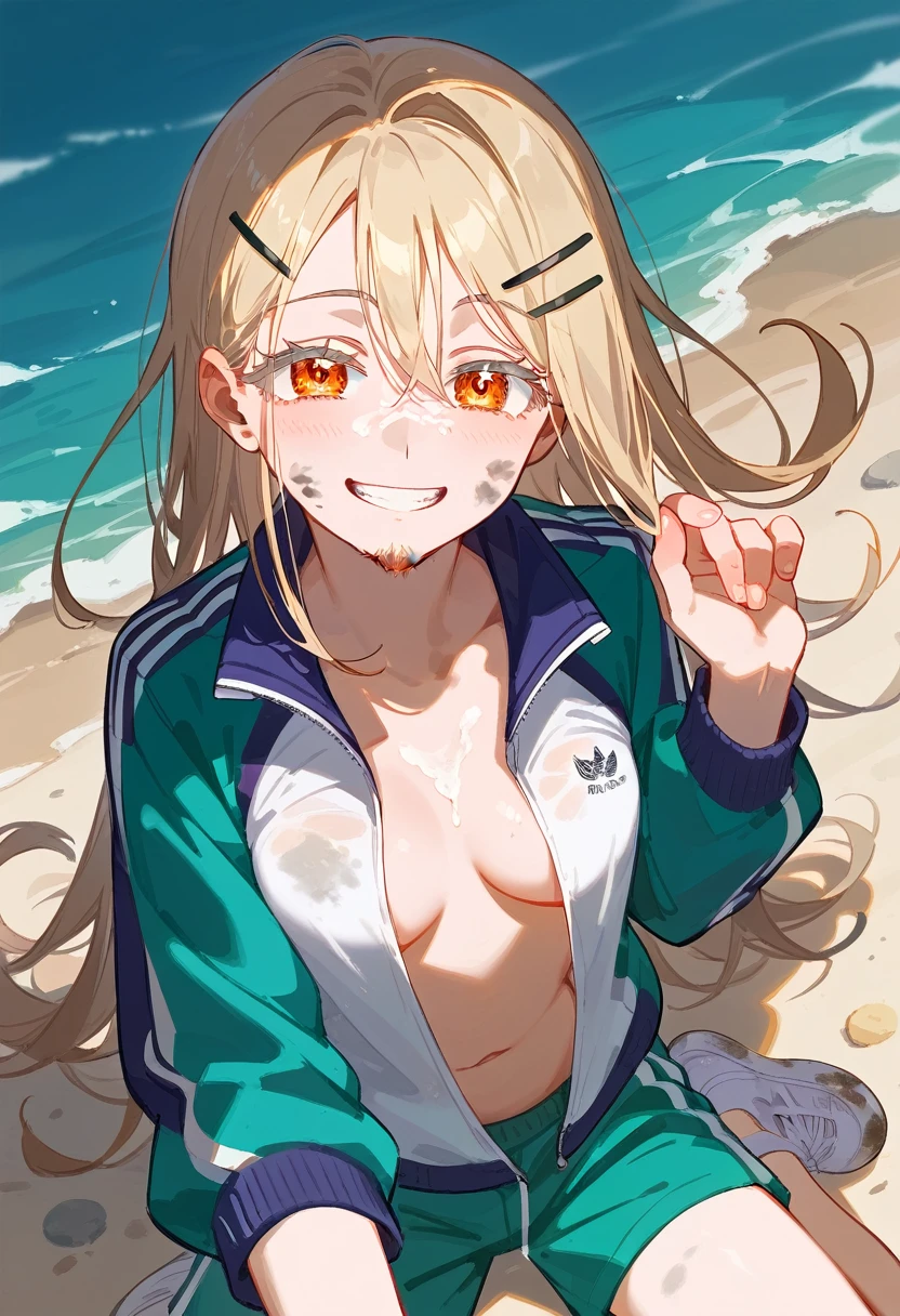 Highest quality, masterpiece, No correction, Beark, Ocean、大Ocean原、Sandy Beach、,shinosawa hiro,thin,Orange eyes,White eyelashes,Blonde,Long Hair,Hair Clip,Track jacket,Green shorts,White sneakers, Head Focus, Transparent sneakers, Open shirt,Shining expression、Dirty face、Grin、 (masterpiece:1.2, Highest quality), (Fine and beautiful eyes: 1.2), (Beautiful and dense face), (Sharp facial hair between the eyes)