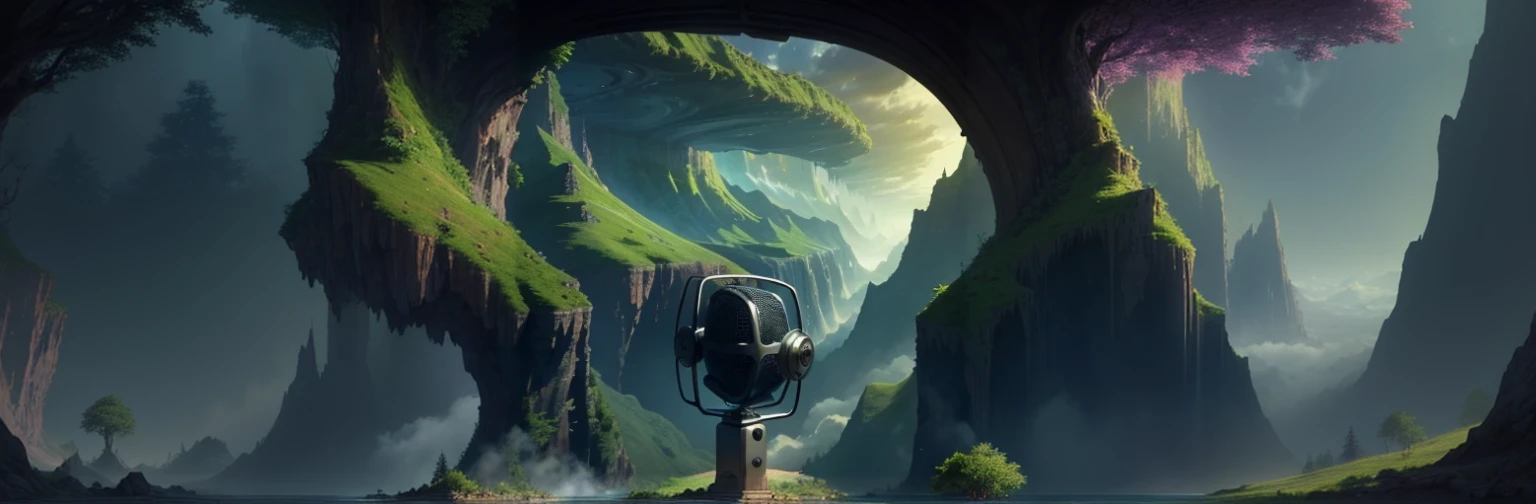 add a fantasy colorfull world with floating mountains, waterfalls cascading into nothingness, and trees with iridescent glowing leaves.