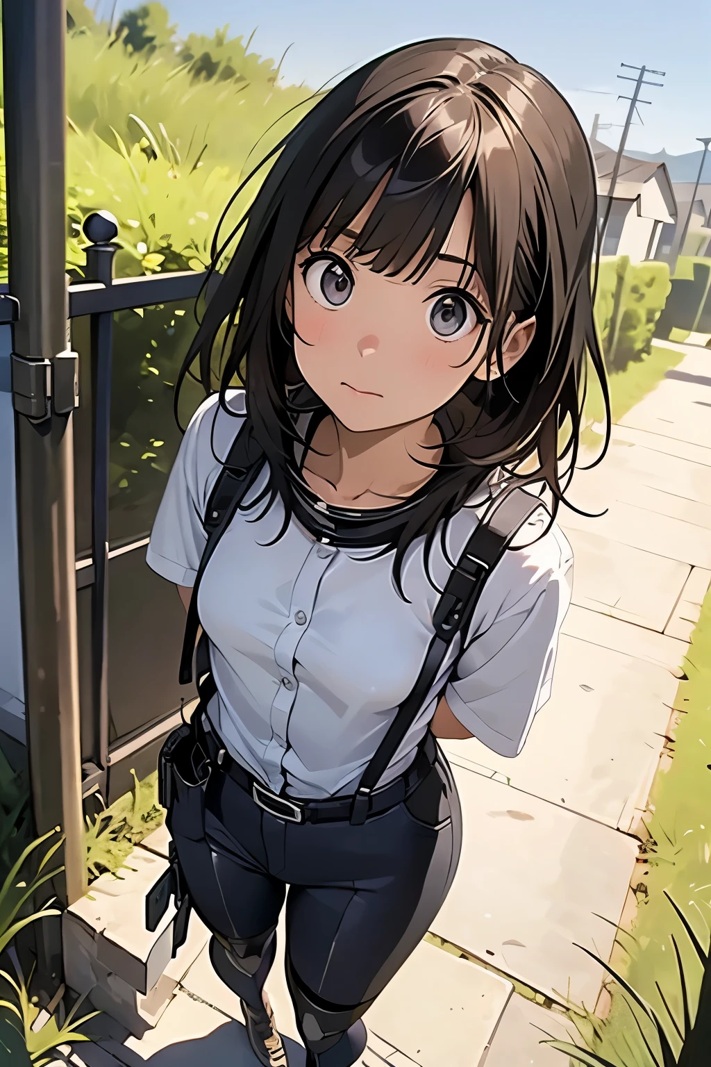 high quality, masterpiece, Ultra-high resolution, (realism: 1.4), Oil painting style, Cinema Lighting, An endless grassland dotted with a few houses, I stood on the empty asphalt road and looked at it., Fairy Mountain々was shrouded in mist, And the suspenders with the cranes flying　　　Moderate breasts　 　 　　　　Small face　 　　　holster　　　　　　　 Lying in bed　Looking up　　　　Sweat 　　　belt　summer　脇Sweat 　Black Hole Gloves　suit　shirt　　Black jacket　 Black trousers　Leg Links　ズボンにbelt　　holster　 　　Hands behind your back　 Anxious expression　Looking up　Anxious face