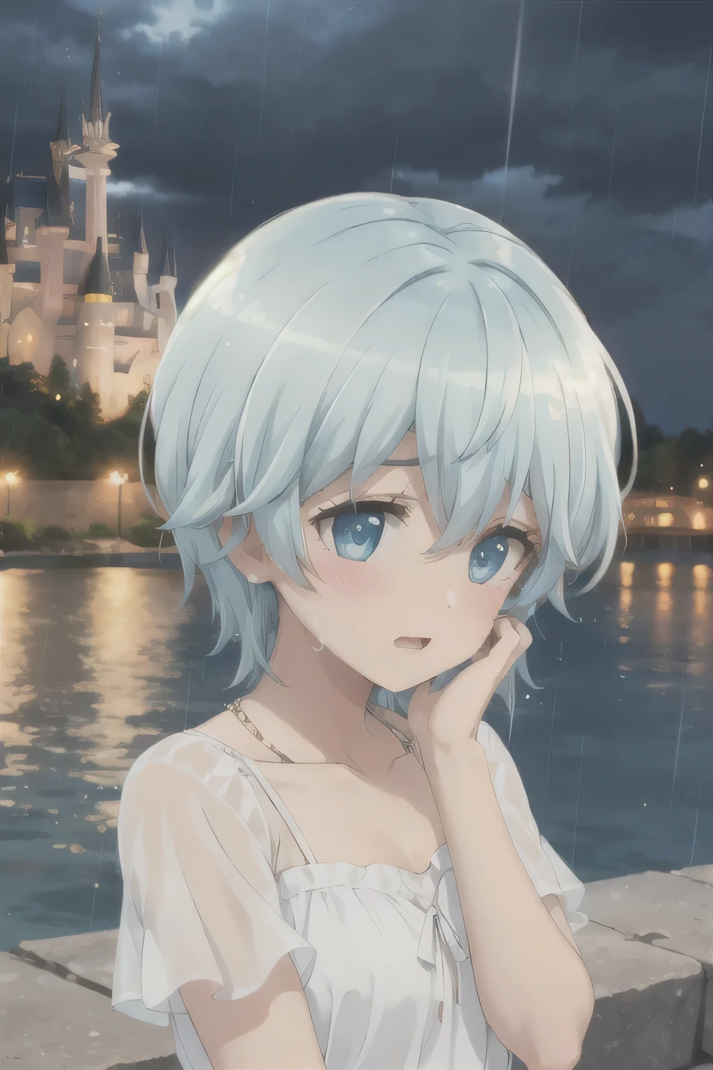 cry,Rainy Day,White Dress,Blue Hair,cute,Slightly blush,castle,Night