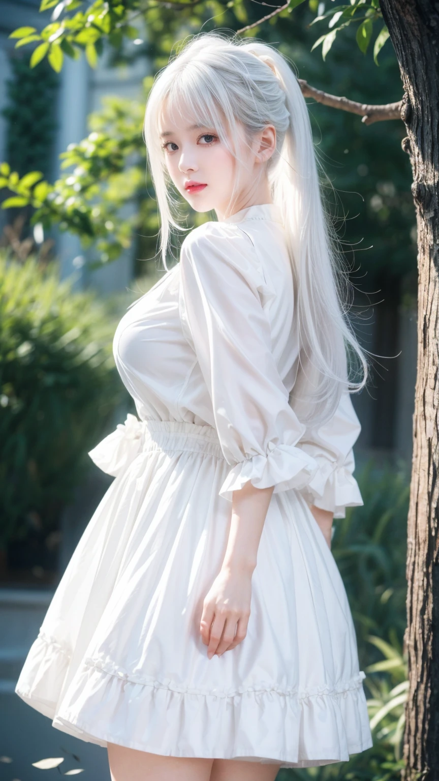 The background is a city, perfect White hair girl, ta in a skirt, White hair, White hair god, Cute anime girl in beautiful clothes, White hair, best anime 4k konachan wallpaper, Little curvy lolixiv ArtStation 上的 guvez, White hair girl, Night Core, Standing on a tree, Looking at the stars, The face is rich in detail