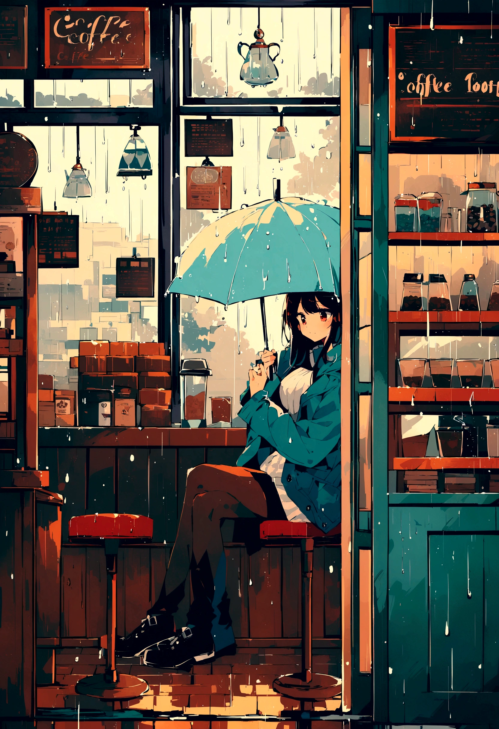 Inside the coffee shop, rain, Highest quality