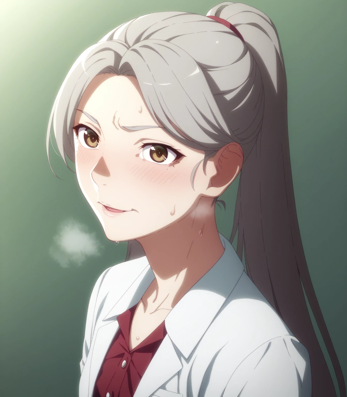 One person、masterpiece、Highest quality、Super detailed、High resolution illustrations、Improve skin quality、Increase eye appeal、Drawn in detail、Perfect body structure、Old woman、Half-taken off business suit、Standing upper body、Show off a plain-looking bra、Are thin、Small breasts、Tall、Skin blemishes、Skin wrinkles、Aged skin、Wrinkled skin、Outdoor、Embarrassing、Shy laugh、Sweat it out、Sigh、Heat、Gray Hair、Downcast eyes、mole、Long Hair、ponytail、