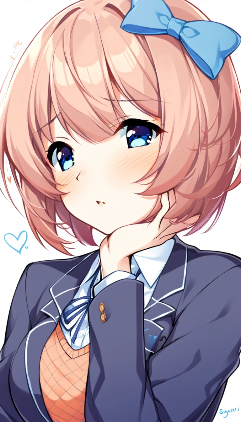 one girl, lovely, blazer, Sayori, my childhood friend, cute, short hair, blush, light blue eyes, love me, I stroke her head gently, I cherish her, hair bow, girl focus