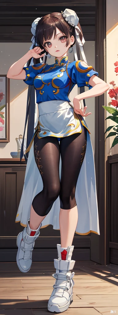 chun-li,((masterpiece)), ((best quality)), ((ultra detailed)), ((kawaii)), cute, (lovely), ((extremely detailed)), ((8K)), (beautiful),flat breast, tiny breast,full body