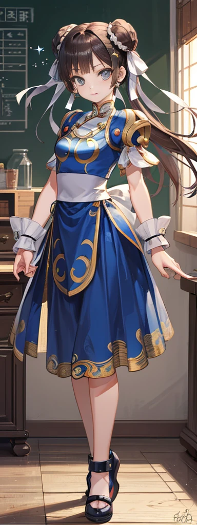 chun-li,((masterpiece)), ((best quality)), ((ultra detailed)), ((kawaii)), cute, (lovely), ((extremely detailed)), ((8K)), (beautiful),flat breast, tiny breast,full body
