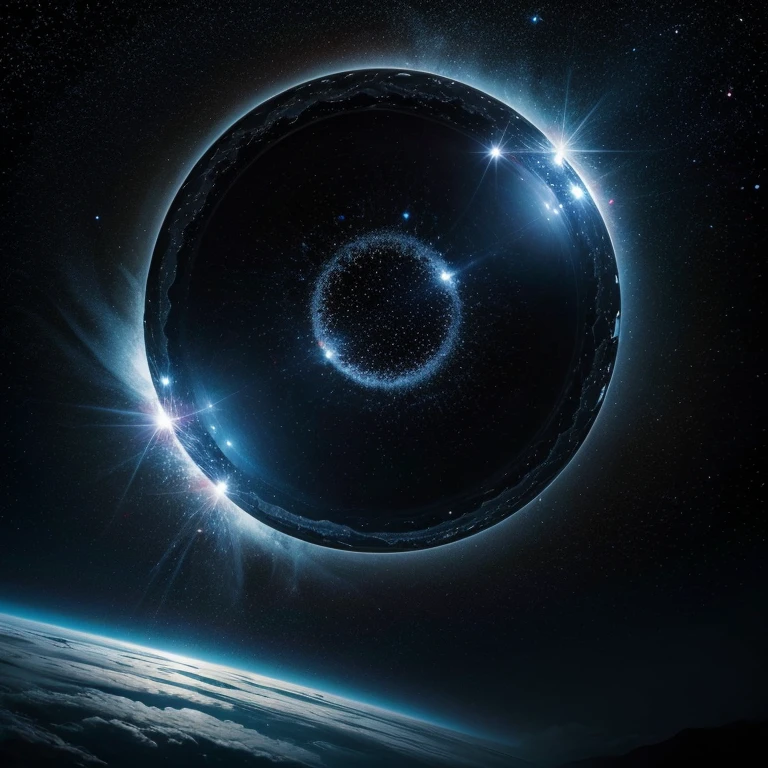 Jet-black outer space、Sparsely Scattered Stars、Lenticular galaxy in the center、