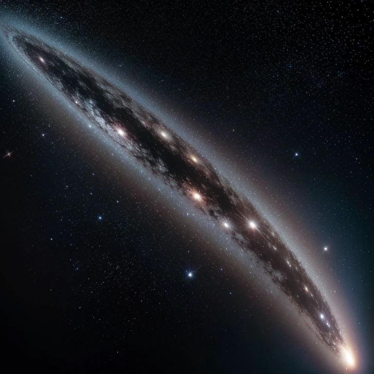 Jet-black outer space、Sparsely Scattered Stars、Lenticular galaxy in the center、