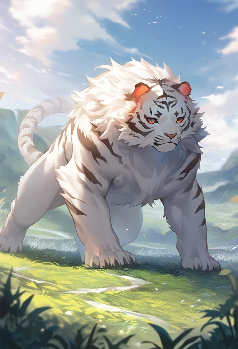 masterpiece, best quality, best quality, Ultra-high resolution, Detailed background(Very delicate and beautiful face and eyes), Perfect anatomical structure(, Beast field, Focus only),naked,(虎 facial features, tiger的身体特征,tiger&#39;Tongue),classroom,Furry tiger,Delicate hair expression,View from the side,(伸出Tongue 1.5)，Hypnosis