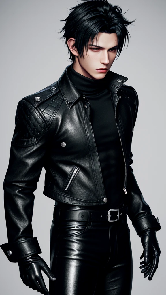 Final fantasy taste and reality graphics, Japanese young cute and cool ikemen  boy, his age is early 20s, thin eyebrows and beady eyes,  he wearing off black color leather thick singlebrest biker jacket, with epaulet,  must close the front of the leather jacket, jacket is biker style, jacket is voluminous, , jacket collar is high length stand-up collar with belts, jacket is a little black line pattern,close the front of the jacket, also wearing black thick turtleneck lackluster shirts,  tight black leather pants, shiny black leather tight and thin glove, black leather knee-high raceup boots,must views  head-to-toe,must views whole body, boy looks like fashion model,Do not show skin from the neck down,leather jacket leather glove and leather pants have few wrinkles,boy in the room,