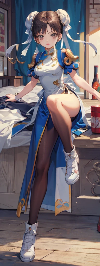 chun-li,((masterpiece)), ((best quality)), ((ultra detailed)), ((kawaii)), cute, (lovely), ((extremely detailed)), ((8K)), (beautiful),flat breast, tiny breast,full body