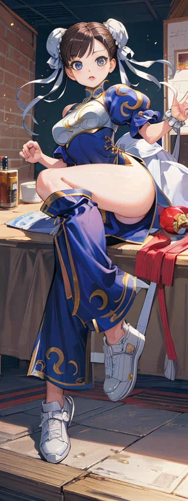 chun-li,((masterpiece)), ((best quality)), ((ultra detailed)), ((kawaii)), cute, (lovely), ((extremely detailed)), ((8K)), (beautiful),flat breast, tiny breast,full body