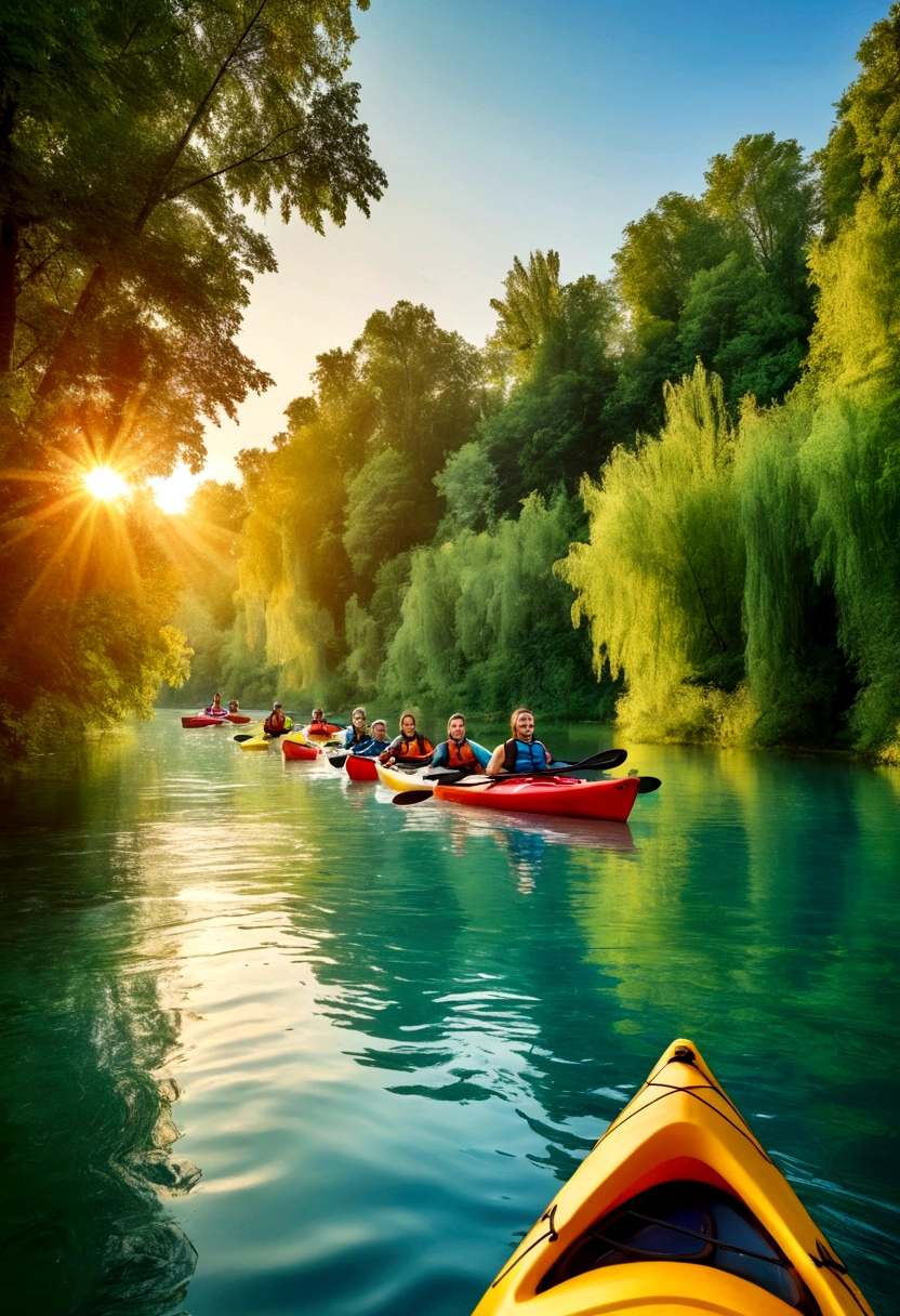 picturesque river or lake, crystal clear water, surrounded by green trees and blue sky, sunset or sunrise, warm colors, group of people in kayaks, smiling faces, enjoying the water ride, kayaks in different colors, bright and dynamic