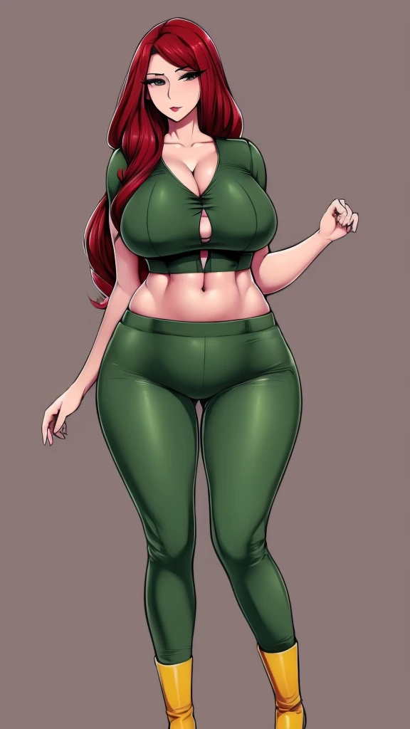 A sexy Russian woman big breasted beautiful cute long wavy dark red hair her gray eye big black eyebrow big eyelash black red lip soft cheek she dresses dark green corse shows navel and light green pants big thigh sensual yellow boot