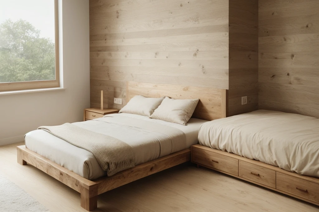a close up of a bed in a bedroom with a wooden headboard, bedroom interior, bedroom background, bed room, wood, natural light in room, oak, bedroom, clean minimalist design, natural realistic render, wood print, modern minimal design, clean 3 d render, best on adobe stock, cedar, 4k 8k, 4 k 8 k