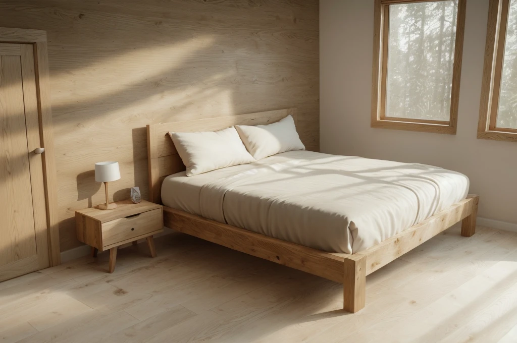 a close up of a bed in a bedroom with a wooden headboard, bedroom interior, bedroom background, bed room, wood, natural light in room, oak, bedroom, clean minimalist design, natural realistic render, wood print, modern minimal design, clean 3 d render, best on adobe stock, cedar, 4k 8k, 4 k 8 k