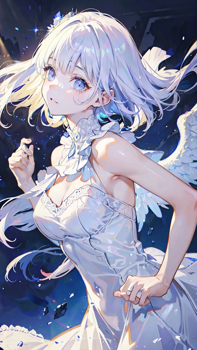 A beautiful angel in a shimmering white dress, Spread your wings, Hands on hips, Side view, (Highest quality,4K,8K,High resolution,masterpiece:1.2),Super detailed,(Realistic,photoRealistic,photo-Realistic:1.37),High resolution,超High resolution,Studio Lighting,Highly detailed face and eyes,Delicate facial features,Long eyelashes,Smooth Skin,Intricate dress folds,Glowing Skin,Angelic look,Sunlight shines through the clouds,Simple Background