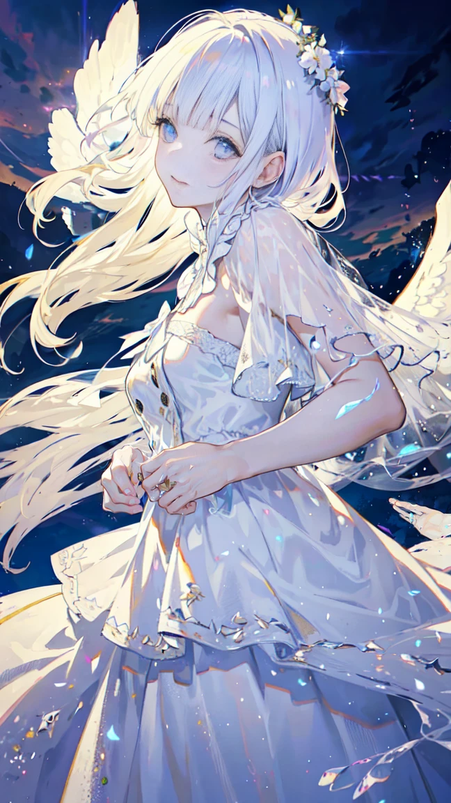 A beautiful angel in a shimmering white dress, Spread your wings, Hands on hips, Side view, (Highest quality,4K,8K,High resolution,masterpiece:1.2),Super detailed,(Realistic,photoRealistic,photo-Realistic:1.37),High resolution,超High resolution,Studio Lighting,Highly detailed face and eyes,Delicate facial features,Long eyelashes,Smooth Skin,Intricate dress folds,Glowing Skin,Angelic look,Sunlight shines through the clouds,Simple Background