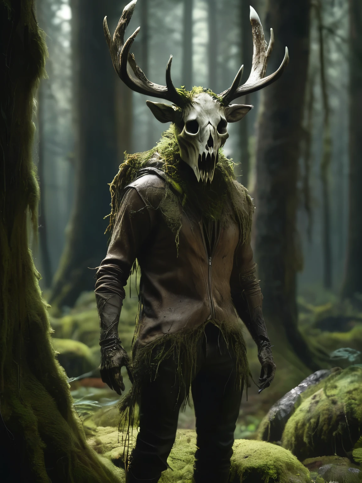 full body portrait of scary monster made of wood, leshen, deer skull as a face, moss, clothes made from human skin, wolf as pet, dark mysterious forest scenery , fantasy, dark fantasy , mediaval, full body , cinematic, render , 8k, unreal engine, realistic, masterpiece, high detail, full body , sci-fi, low life, volumetric lighting