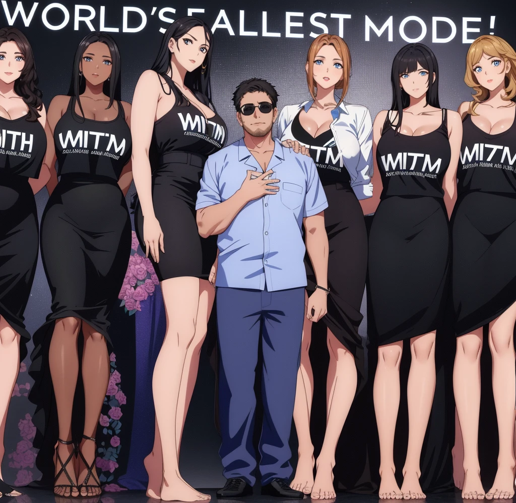 Three tall girls on the lfe left, three tall girls in the right, short man in the middle, the girls are much taller than the man, girls have big and cleavage, girls are wearing black, man is wearing blue shirt, girls are standing barefoot, man is wearing shoes,