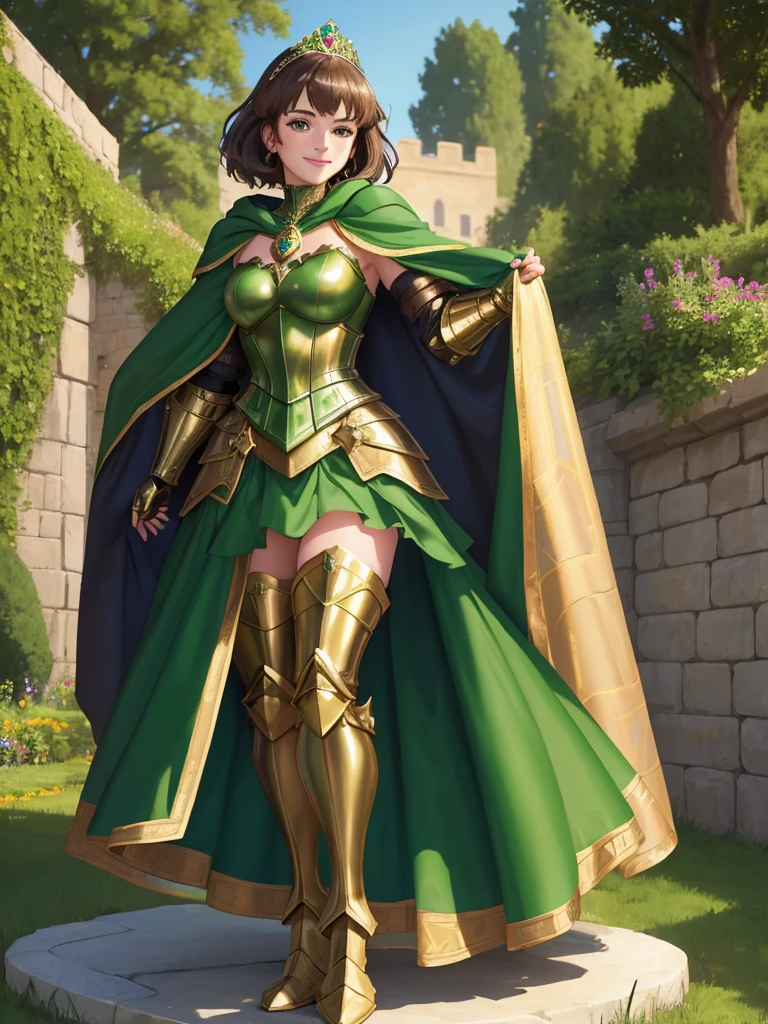 masterpiece, best quality:1.2), 1girl, smile, looking at viewer, green eyes, short brown hair, princess, armor, armored dress, green cloak cape, wearing puffy blue ballgown skirt, golden tiara with green gem, armored boots, fingerless gloves, standing in medieval garden