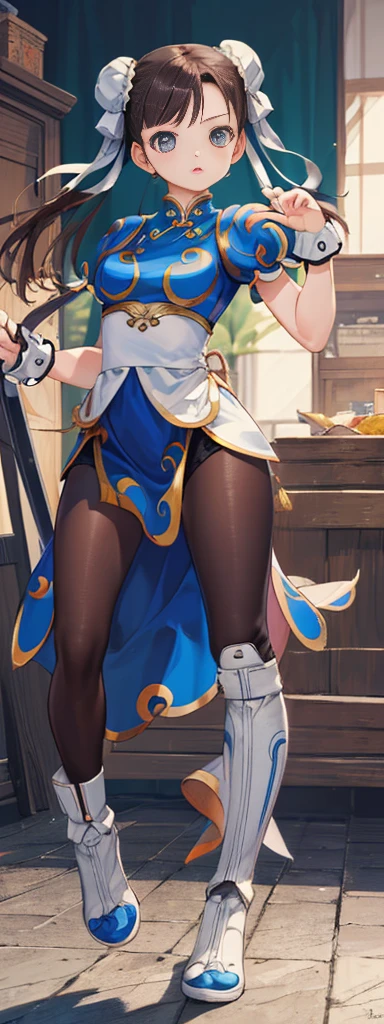 chun-li,((masterpiece)), ((best quality)), ((ultra detailed)), ((kawaii)), cute, (lovely), ((extremely detailed)), ((8K)), (beautiful),flat breast, tiny breast,full body