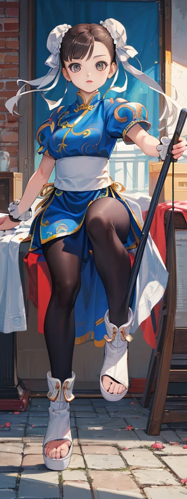 chun-li,((masterpiece)), ((best quality)), ((ultra detailed)), ((kawaii)), cute, (lovely), ((extremely detailed)), ((8K)), (beautiful),flat breast, tiny breast,full body