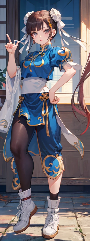 chun-li,((masterpiece)), ((best quality)), ((ultra detailed)), ((kawaii)), cute, (lovely), ((extremely detailed)), ((8K)), (beautiful),flat breast, tiny breast,full body