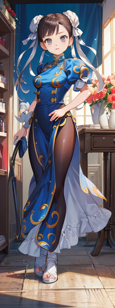 chun-li,((masterpiece)), ((best quality)), ((ultra detailed)), ((kawaii)), cute, (lovely), ((extremely detailed)), ((8K)), (beautiful),flat breast, tiny breast,full body