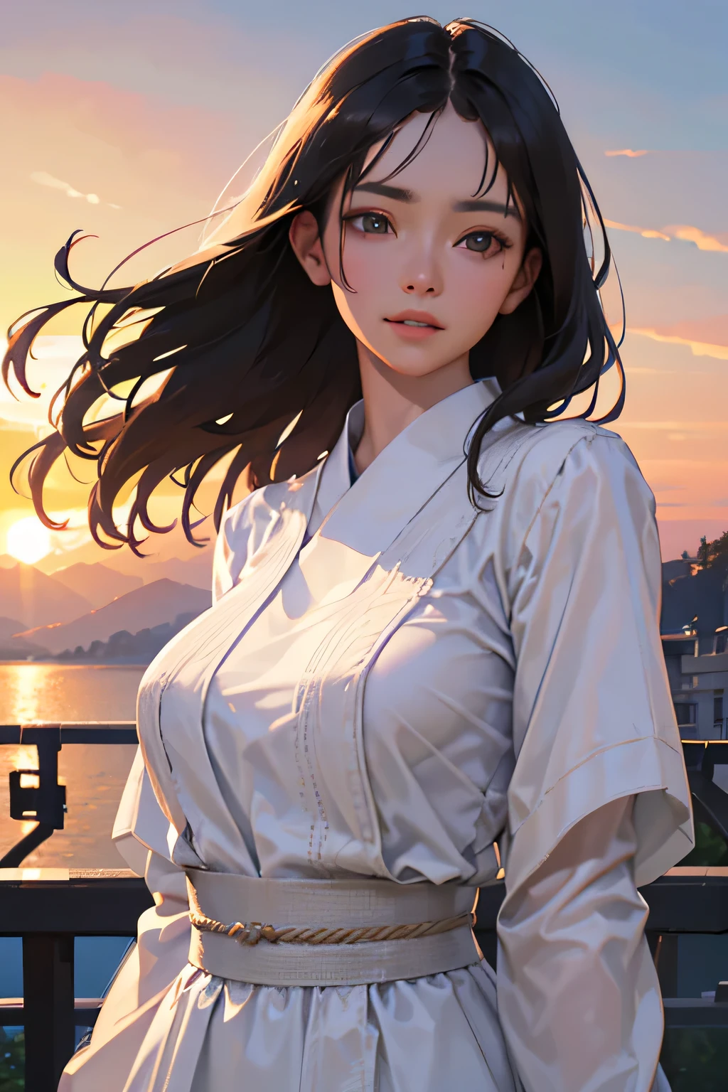masterpiece, top quality, super detailed, high resolution, (realistic, photorealistic:1.37), excellent anatomy, beautiful 1 woman, caustics, 8k, (RAW shooting), Japanese, cute, standing, (big smile), (looking into the camera), black hair, middle hair, medium breasts, white blouse, knee length skirt, strong winds, hair blowing in the wind, rooftop, backlight, sunset, sunset sky, (bust up shot), (face focus:1.1), (face close up:1.1), low position, low angle, natural light, best light, best shadow, mysterious, perfect face, highly detailed,