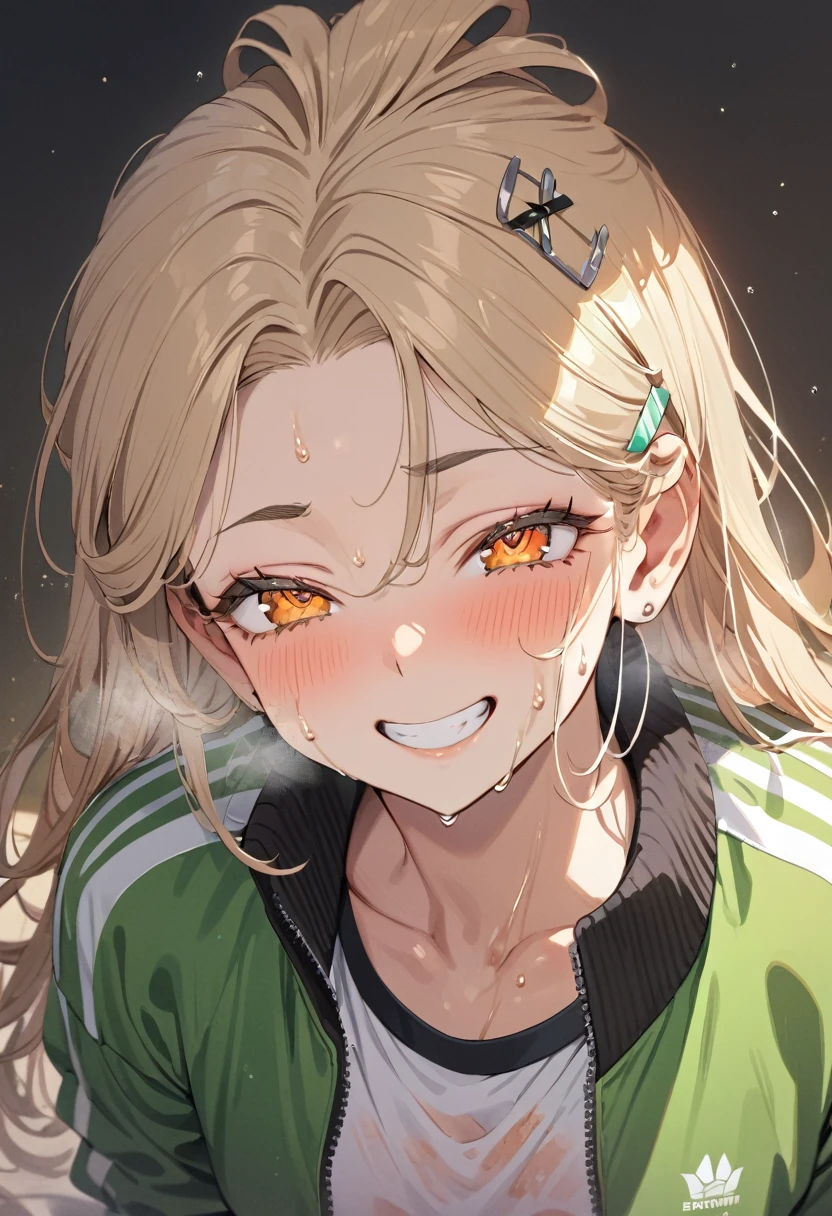 Highest quality, masterpiece, No correction, Beark, Hiro Gym,shinosawa hiro,thin,Orange eyes,White eyelashes,Blonde,Long Hair,Hair Clip,Track jacket,Green shorts,White sneakers, Sweating on the head, Heavy breathing, Head Focus, Transparent sneakers, Open shirt,Shining expression、Dirty face、Grin、 (masterpiece:1.2, Highest quality), (Fine and beautiful eyes: 1.2), (Beautiful and dense face), (Sharp facial hair between the eyes)