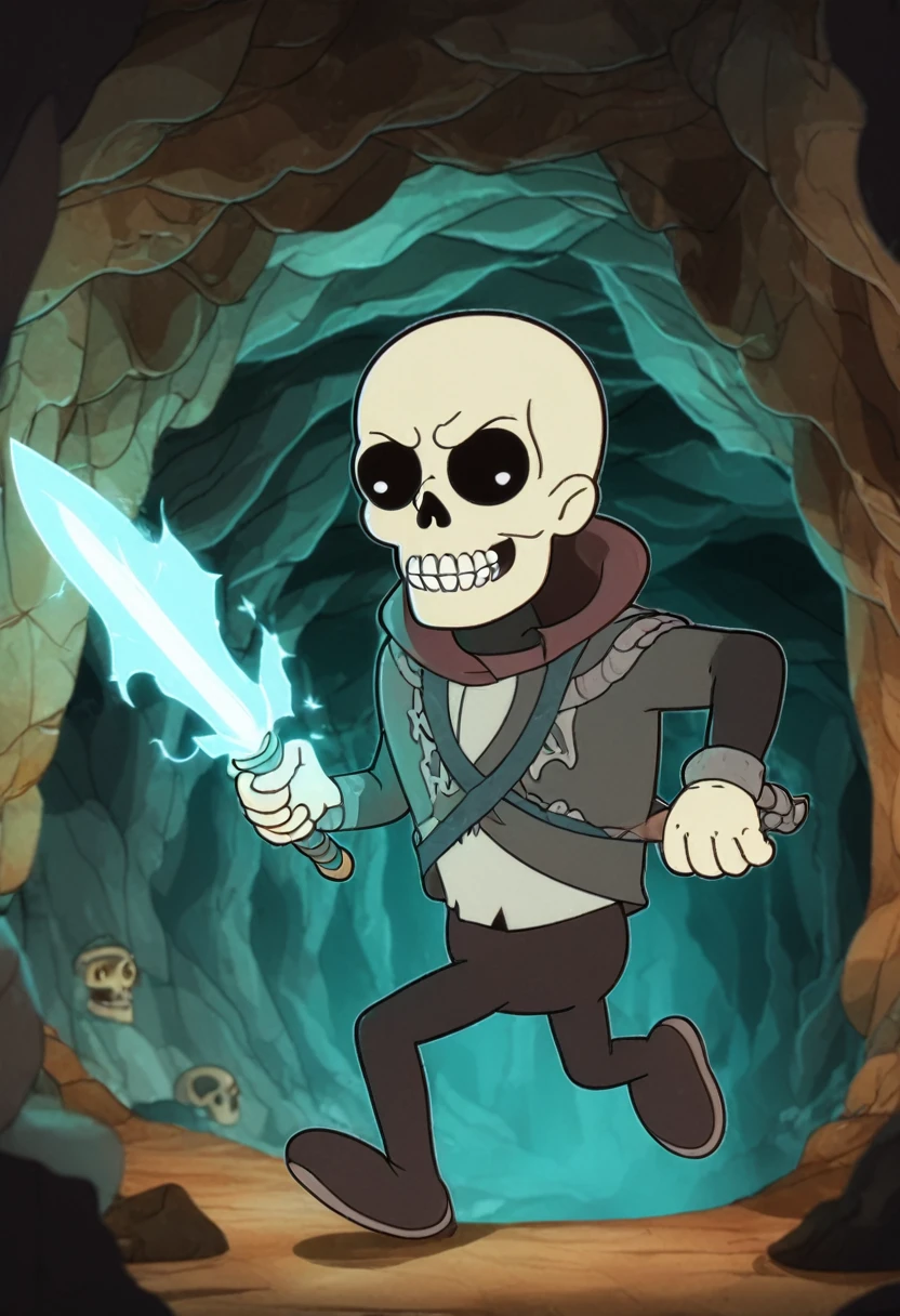 skull head, running away from ghosts, inside a cave, in cartoon animation style, 4k, quality symbol, curve sword, mobile game art, banner, detailed game art, stylized game art, game illustration, splash screen art, full card design, extended art, adtime style art, saturated colorful