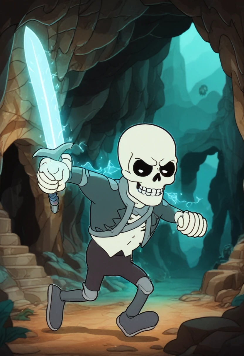 skull head, running away from ghosts, inside a cave, in cartoon animation style, 4k, quality symbol, curve sword, mobile game art, banner, detailed game art, stylized game art, game illustration, splash screen art, full card design, extended art, adtime style art, saturated colorful