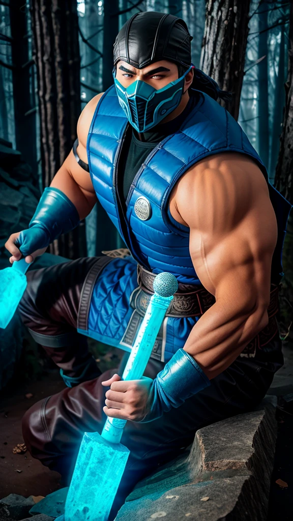 Sub-ZeroKuaiLiang ,zbzr, masterpiece, best cinematic quality, photorealistic highly detailed 8k raw photo, volumetric lighting, volumetric shadows, man, sitting on a big mountain, gloves, blue armor, A dilapidated, haunted house with creaking floors and whispers in the wind, helmet, mask, holding a sword, extreme close-up