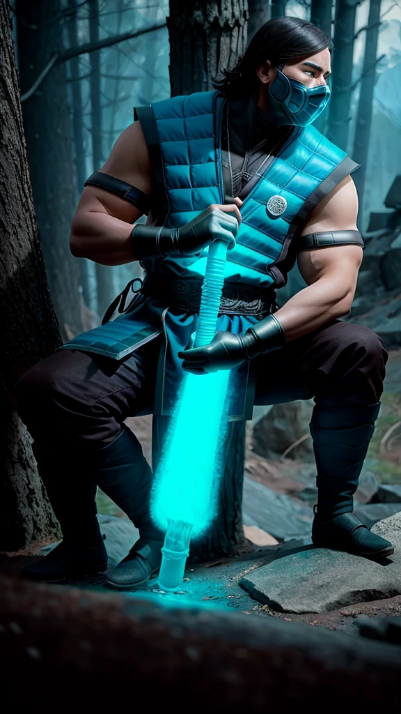 Sub-ZeroKuaiLiang ,zbzr, masterpiece, best cinematic quality, photorealistic highly detailed 8k raw photo, volumetric lighting, volumetric shadows, man, sitting on a big mountain, gloves, blue armor, A dilapidated, haunted house with creaking floors and whispers in the wind, helmet, mask, holding a sword, extreme close-up