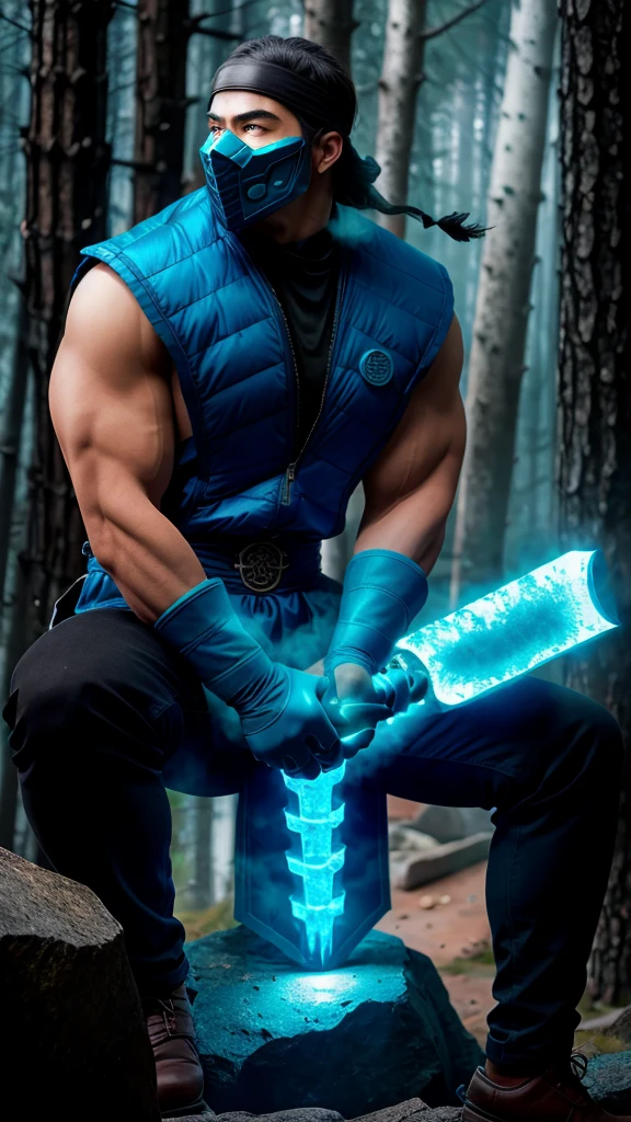 Sub-ZeroKuaiLiang ,zbzr, masterpiece, best cinematic quality, photorealistic highly detailed 8k raw photo, volumetric lighting, volumetric shadows, man, sitting on a big mountain, gloves, blue armor, A dilapidated, haunted house with creaking floors and whispers in the wind, helmet, mask, holding a sword, extreme close-up