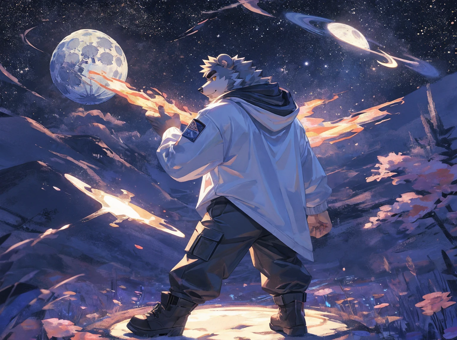 (masterpiece:1.2), best quality,pixiv,official art,perfect anatomy, (Ray tracing, light),solo, (1_male:1.3) , (muscle), (grey fur:1.4), (muscle bear), (beard:1.2), (gleaming golden eyes), bear tail, full body, Thick black eyebrows,(open hoodie parka), (pure white T-shirt inside), (cargo pants:1.2), boots, universe, planet, cosmos ,Galaxy, (on the moon: 1.3), interstellar travel
