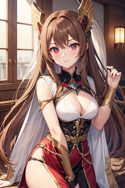 game , Nod, Goddess of victory, Neat , Light brown hair,  Captivating eyes ,beautiful face , Crystal Red Eye , Long Hair , woman&#39;Blue striped sleeveless shirt, Underarm, blue high waist pleated skirt ,Selfie style,G-cup breasts, Tight waist, Captivating thighs, both handsに5本の指, both hands ,Two Basics , In the homeroom , beautiful, Place your hands behind your head ,