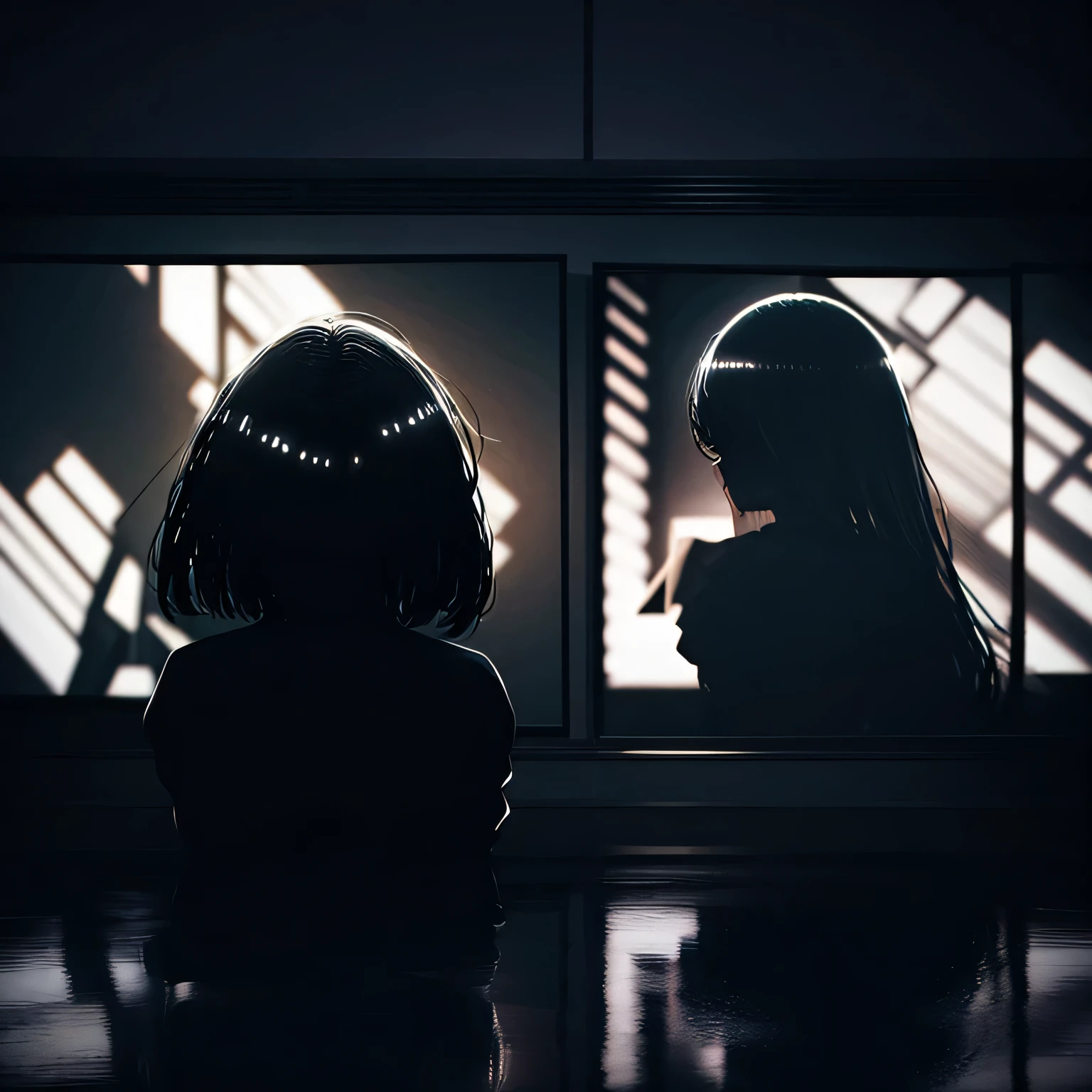 I want a large cinema screen where there's a person on the screen and in front of the screen: a masterpiece. A woman with black eyes stands in front of a window. Her beautiful eyes are visible on a large monitor screen in the background. A girl is in the center, her silhouette standing out. The gray lighting highlights her black eyes and the blood. The room is detailed and dimly lit, with light coming from screens and monitor panels. The panels depict girls, and on these panels, many eyes are visible.

