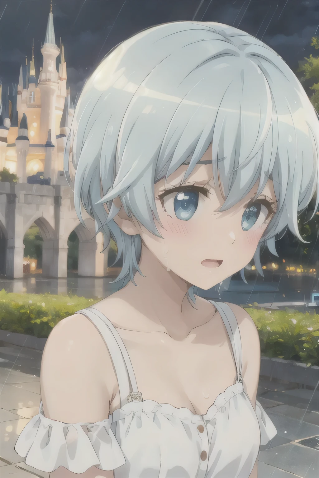 cry，Rainy Day，White Dress，Blue Hair，cute，Slightly blush，castle，Night