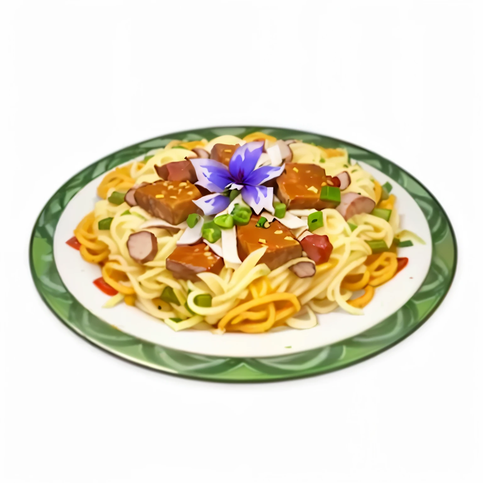 Close up of a plate of food with noodles and meat, served 在plate上, full plate, delicious food, served with spaghetti, Offer a plate of food, Service recommendations, Anime Food, Chen Bo, Food particles, Fan Favorites, Katagiichi, 在plate上, spaghetti, chef, Game image, plate, Okame