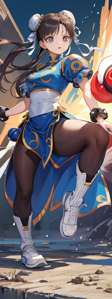 chun-li,((masterpiece)), ((best quality)), ((ultra detailed)), ((kawaii)), cute, (lovely), ((extremely detailed)), ((8K)), (beautiful),flat breast, tiny breast,full body