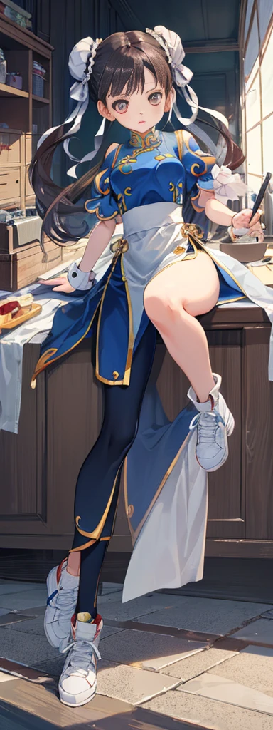 chun-li,((masterpiece)), ((best quality)), ((ultra detailed)), ((kawaii)), cute, (lovely), ((extremely detailed)), ((8K)), (beautiful),flat breast, tiny breast,full body