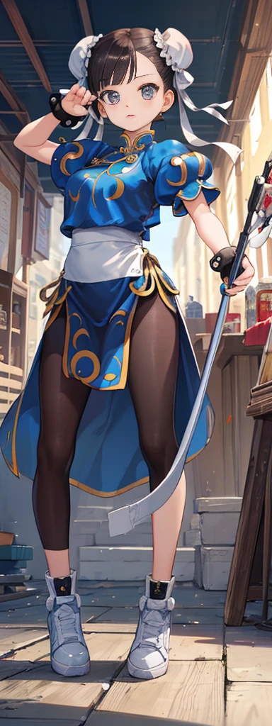 chun-li,((masterpiece)), ((best quality)), ((ultra detailed)), ((kawaii)), cute, (lovely), ((extremely detailed)), ((8K)), (beautiful),flat breast, tiny breast,full body