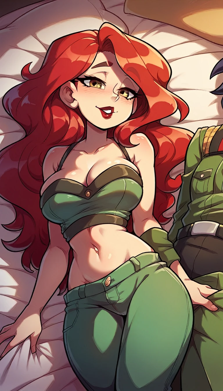 A Russian military woman sexy big breast beautiful cute long wavy dark red hair her eye gray eyebrow big black big eyelash black red lip soft cheek she dresses dark green corse shows navel and a light green pants big thigh sensual boot yellow sex love relationship sex sexy