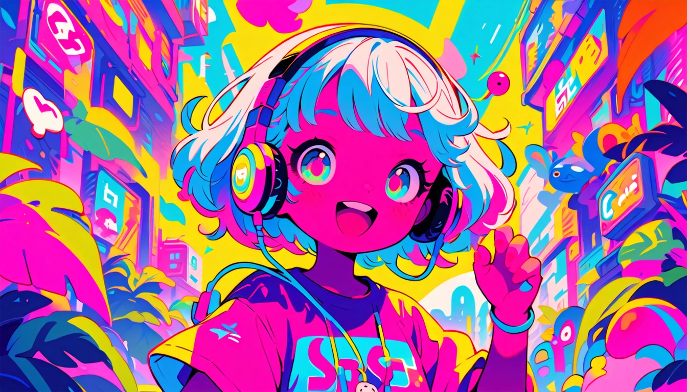 Vibrant art,pop、bright、colorful, 1 female, Light blue hair, short hair、Happy,cute, Animation Style, cute, clearly, colorful cyberpunk, bubblegum pop, cute、Pink and light blue as main colors、 Wearing headphones、tropical, buzzer、 Cool atmosphere、buzzer,