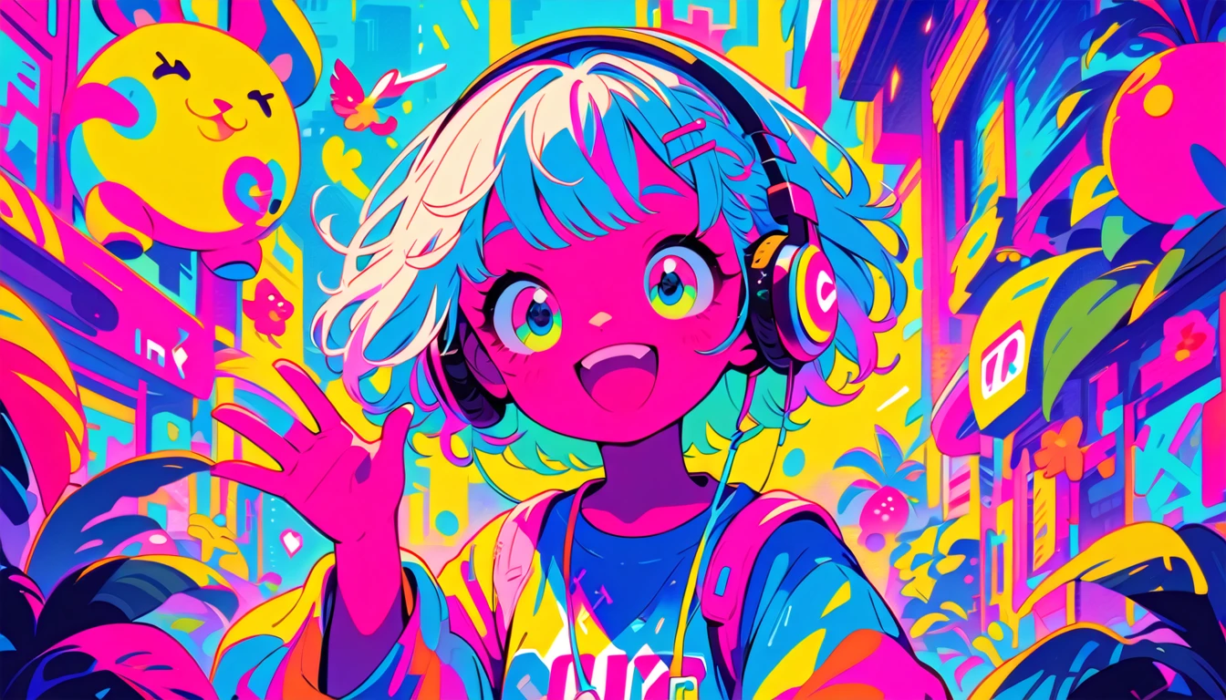 Vibrant art,pop、bright、colorful, 1 female, Light blue hair, short hair、Happy,cute, Animation Style, cute, clearly, colorful cyberpunk, bubblegum pop, cute、Pink and light blue as main colors、 Wearing headphones、tropical, buzzer、 Cool atmosphere、buzzer,