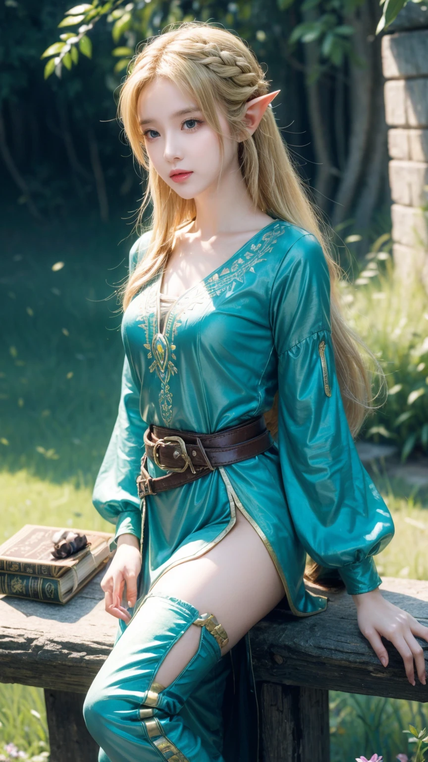 Princess Zelda, 1 Girl, Artist Request, belt, Blonde hair, blue shirt, Book, boots, Poker face, whole body, Green Eyes, high resolution, Looking at the audience, magic, Nintendo, Pants, Pointed ears, shirt, short hair, Simple background, Solitary, The Legend of Zelda, The Legend of Zelda: Breath of the Wild, The Legend of Zelda: Tears of the Kingdom, Flower made of light, magic